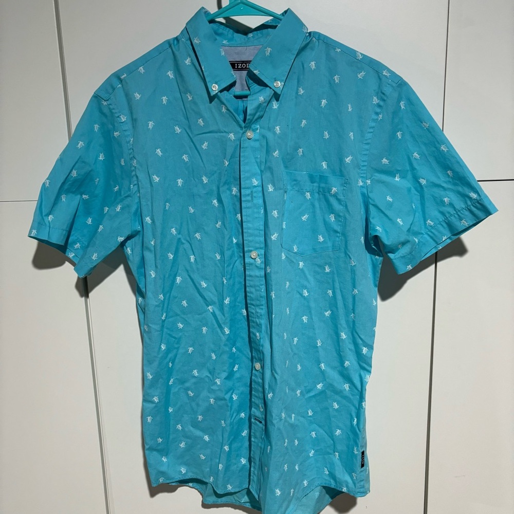 Izod Blue Mens Medium Button Down Short Sleeve Shirt Turtle Print Preppy Beach
